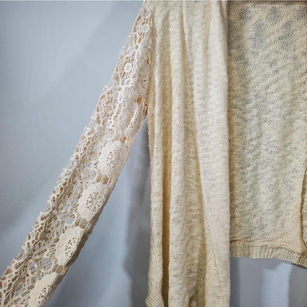 Mystree Open Front Floral Sleeve Knit Cardigan Tan Size Large - Picture 2 of 7